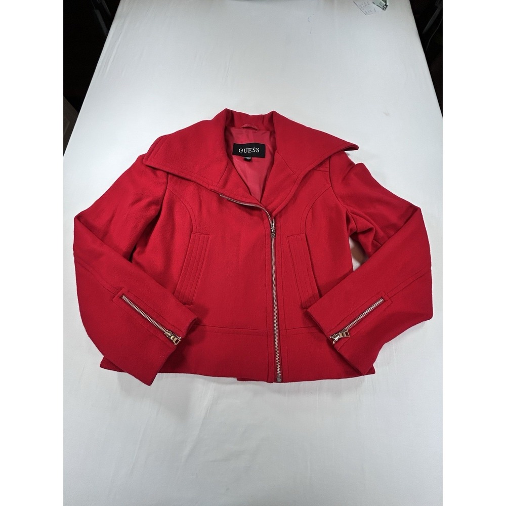 Guess Wool Coat Women XL Red Asymmetric Zip Moto Jacket Lined Pockets Y2K Preppy